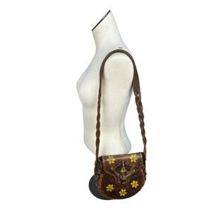 Vintage 70s Tooled Brown Leather Braided Handle Structured Canteen Bag